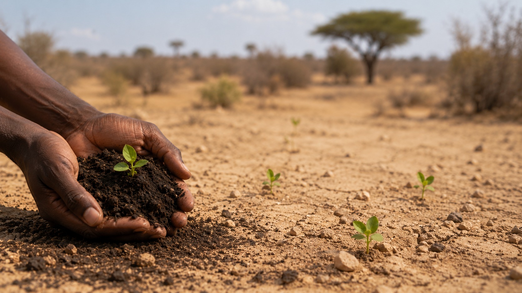 Hands holding fertile soil with young plants in the Ghanaian savannah